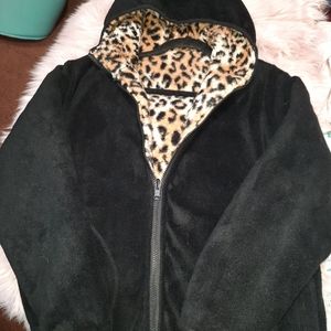 *SOLD*Black fleece jacket with animal print inside size small